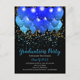 Cartão Postal De Convite Festa de formatura Azul Balões Dourados Confetti P