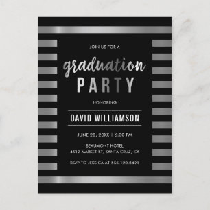 Cartão Postal De Convite Festa de formatura Clássica Black & Silver Stripes