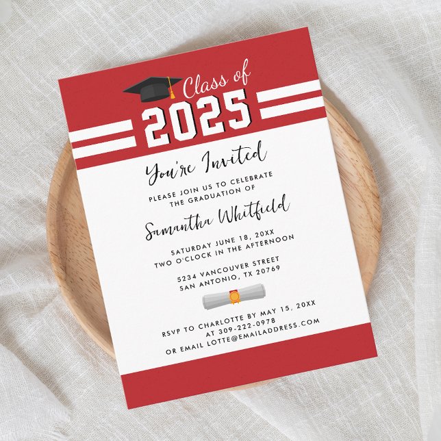 Cartão Postal De Convite Festa de Formatura com Letra Vermelha e Branca Gra (Graduation Party 2025 Grad Red and White Invitation)