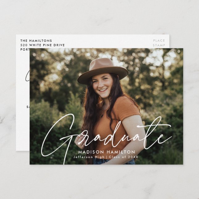 Cartão Postal De Convite Festa de formatura de Fotografias de Script Branco (Frente/Verso)