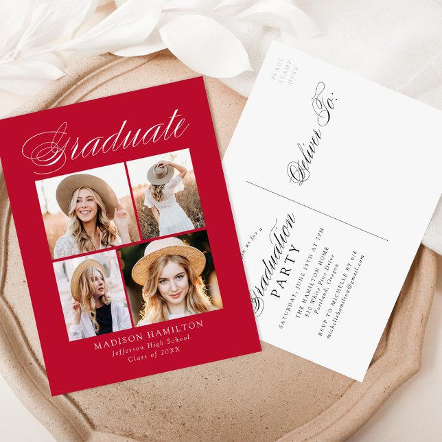 Cartão Postal De Convite Festa de formatura de Fotografias Vermelhas Elegan (Criador carregado)