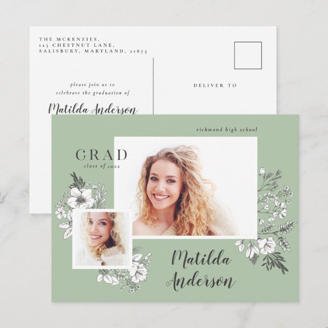 Cartão Postal De Convite Festa de formatura elegante floral multiculosa (Frente/Verso)