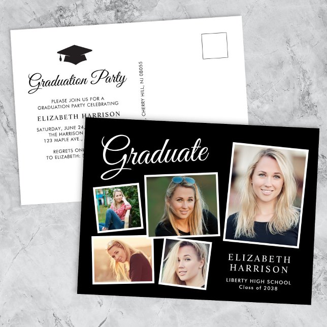 Cartão Postal De Convite Festa de formatura Preta de Colagem de Fotos Moder (A personalized photo graduation party invitation to celebrate the graduate's achievements)