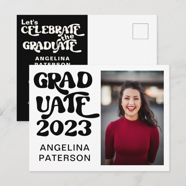 Cartão Postal De Convite Festa de Graduação Preto e Branco Foto Roteiro Ret (Frente/Verso)