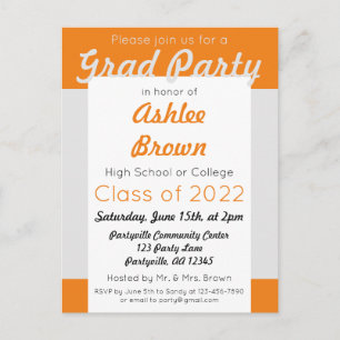 Cartão Postal De Convite Festa de Graduação Silver Orange Bold Grad Party