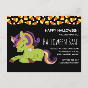 Cartão Postal De Convite Festa de Halloween do Unicórnio Bonito Frankenste
