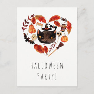 Cartão Postal De Convite Festa de Halloween Gato Preto Aquarela Caprichosa