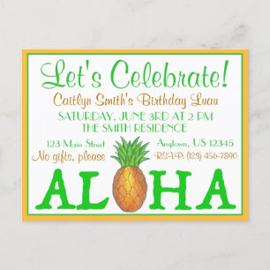 Cartão Postal De Convite Festa de Luau de Ilha Tropical Abacaxi Havaí Aloha