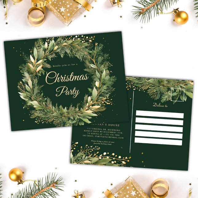 Cartão Postal De Convite Festa de Natal Elegante e Festiva Verde (Green Festive Botanical Elegant Christmas Party Invitation Postcard)