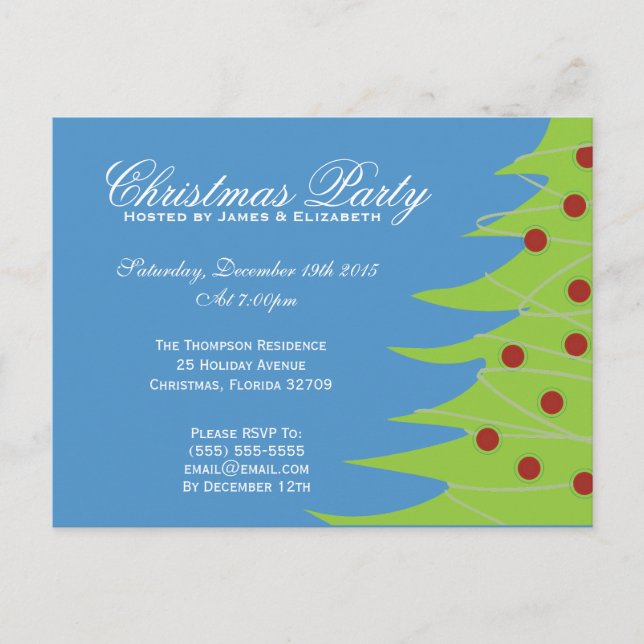 Cartão Postal De Convite Festa de Natal Verde e Azul (Frente)