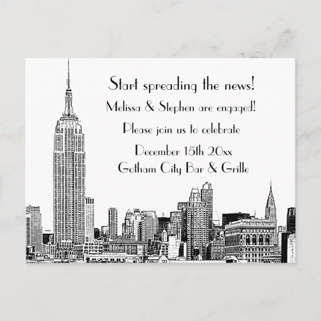 Cartão Postal De Convite Festa de Noivado NYC Skyline Etched 01 (Frente)