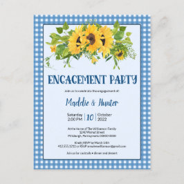 Cartão Postal De Convite Festa de noivado Rustic Gingham & Sunflower