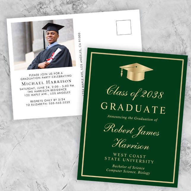 Cartão Postal De Convite Festa Elegante do Formandos Verde Dourado (An elegant college graduation party invitation to celebrate the graduate's achievements)
