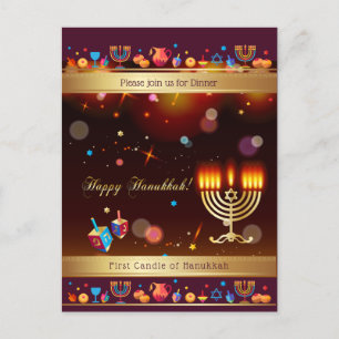 Cartão Postal De Convite Festa Feliz de Hanukkah Hanukkiah Dourada