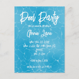 Cartão Postal De Convite Festa na Piscina Sweet 16 Azul Água Minimalista An