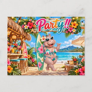 Cartão Postal De Convite Festa na Praia com Hipopótamo