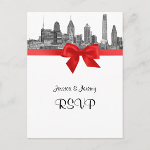 Cartão Postal De Convite Filadélfia Silhueta Etch BW Vermelho RSVP 1