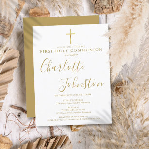 Cartão Postal De Convite First Holy Communion Elegant Gold Signature