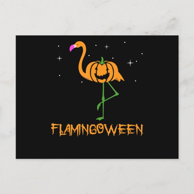 Cartão Postal De Convite Flamingo |Abóbora Flamingoween Pássaro Rosa Hallow (Frente)