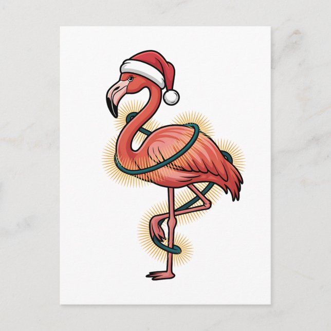 Cartão Postal De Convite Flamingo Envolto Em Luzes De Natal Ave Rosa    (Frente)