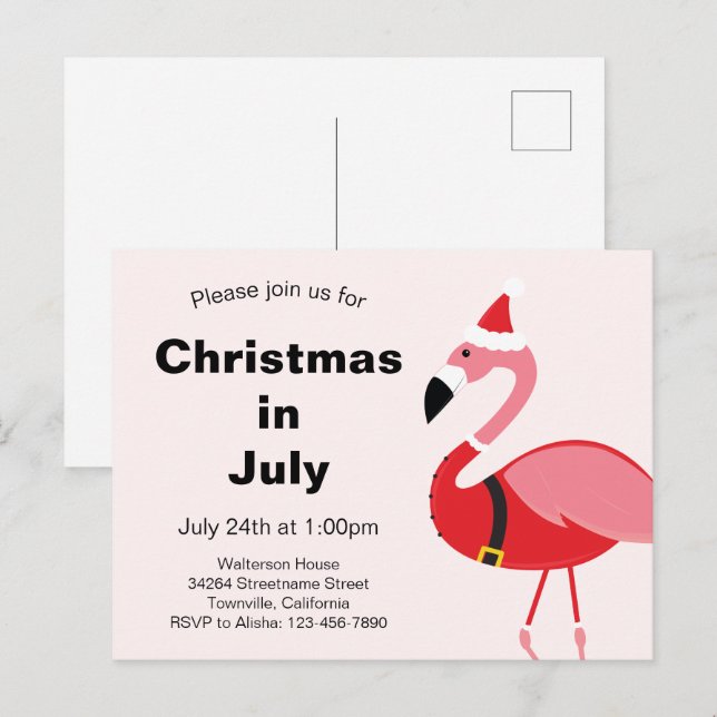 Cartão Postal De Convite Flamingo Papai noel Natal em julho (Frente/Verso)