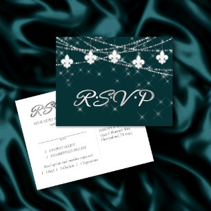 Cartão Postal De Convite Fleur de Lis Midnight Teal RSVP Entree