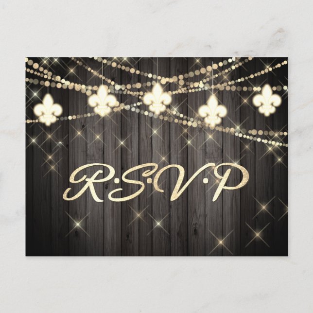 Cartão Postal De Convite Fleur de Lis Rustic Lights | RSVP Boho Wedding (Frente)