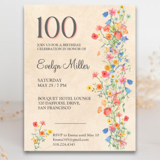 Cartão Postal De Convite Floral 100º Aniversário – Flores Silvestres Elegan