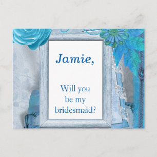 Cartão Postal De Convite Floral Azul Você será minha dama de Bridesmaid