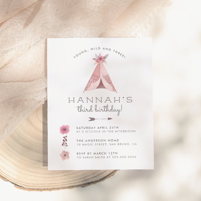 Cartão Postal De Convite Floral Bohemian Teepee Young Wild & Three Birthday (Criador carregado)