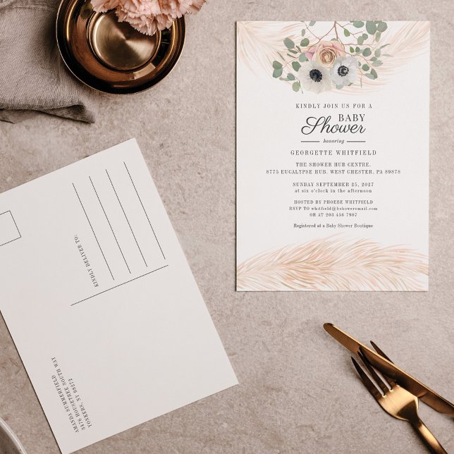 Cartão Postal De Convite Floral Boho Pampas Grass Chá de fraldas Moderno (Criador carregado)