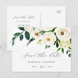 Cartão Postal De Convite Floral Branco Elegante Guardar Horizontal Data