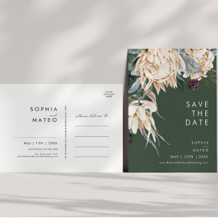 Cartão Postal De Convite Floral Branco   Postcard de Save The Date em Verde