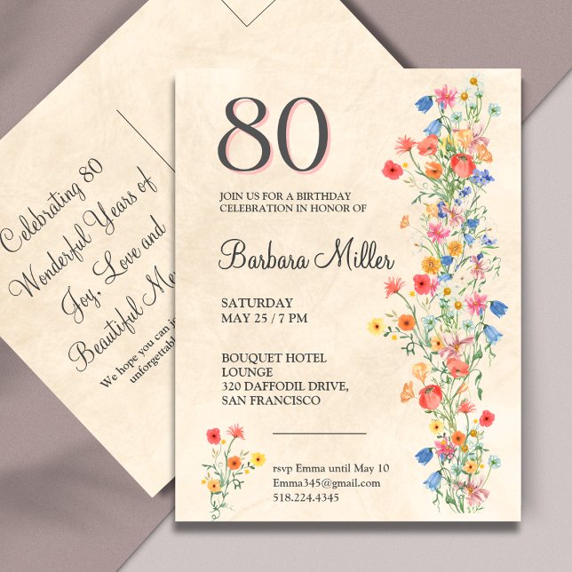 Cartão Postal De Convite Floral de Festa de aniversário Elegante Suave, 80  (Criador carregado)