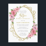 Cartão Postal De Convite Floral Dourado rosa 50º<br><div class="desc">Honra uma mulher especial com esta elegante e feminina 50ª Convite de aniversário. O 50º está escrito em grande texto dourado. A comemoração de aniversário segue. O nome do convidado também está em letras maiúsculas de ouro. O resto do texto é cinza de pomba mole. Os detalhes da celebração de...</div>