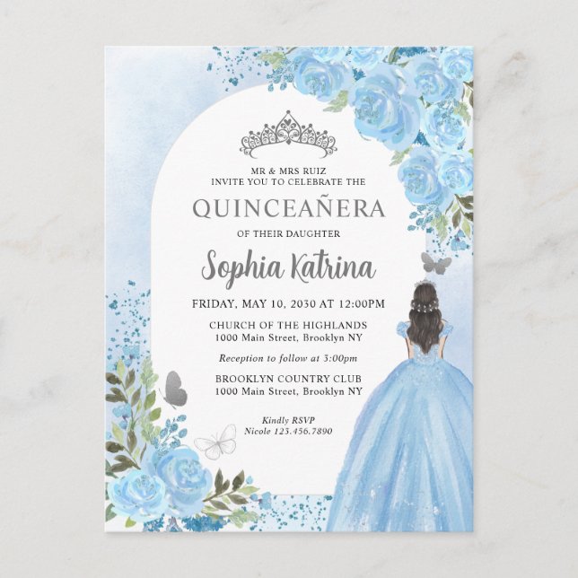 Cartão Postal De Convite Floral Dusty Blue Princesa Birthday Quinceanera (Frente)