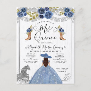 Cartão Postal De Convite Floral Dusty Blue Silver Charra Horse Quinceanera