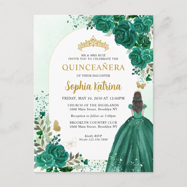 Cartão Postal De Convite Floral Emerald Green Princess Birthday Quinceanera (Frente)