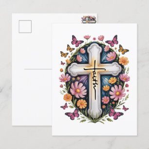 Cartão Postal De Convite Floral Faith Cross