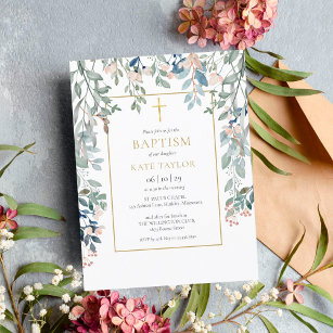 Cartão Postal De Convite Floral Foliage Dourada Cross Baptism Christening