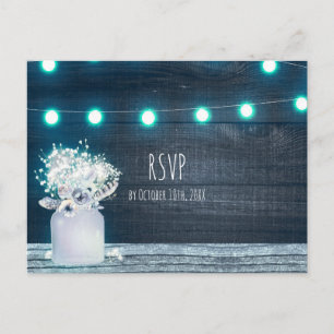 Cartão Postal De Convite Floral Mason Jar & Blue String Luzes RSVP Russo