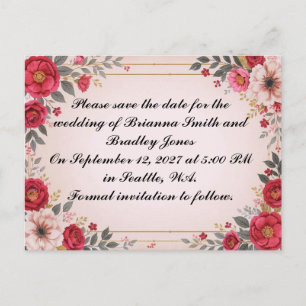 Cartão Postal De Convite Floral no Casamento Rosa Salvar a Data