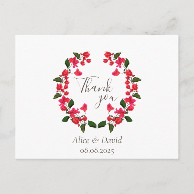 Cartão Postal De Convite Floral Obrigado Cartão-postal com Red Bougainville (Frente)