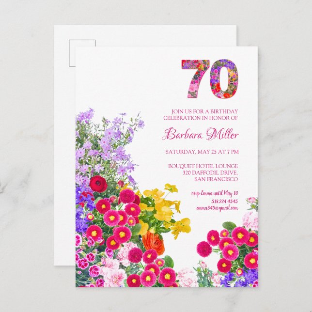 Cartão postal de convite floral para 70 festa de a (Frente/Verso)