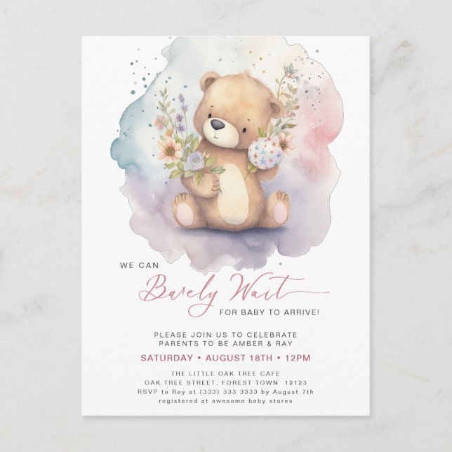 Cartão Postal De Convite Floral Rosa, Podemos Brindar Chá de fraldas De Esp (Frente)