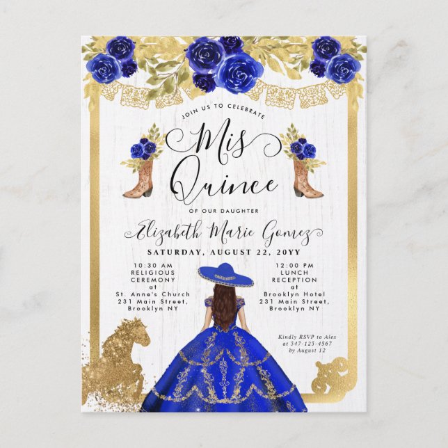 Cartão Postal De Convite Floral Royal Blue Charra Princess Quinceanera (Frente)