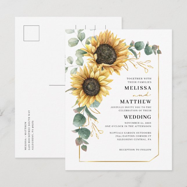 Cartão Postal De Convite Floral Sunflower Eucalyptus Wedding (Frente/Verso)