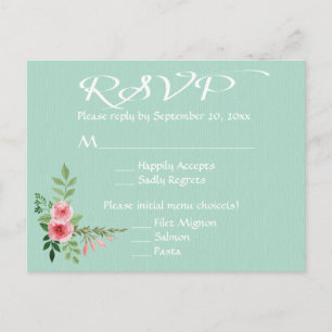 Cartão Postal De Convite Floral Verde Menta Rosa Rosa Casamento