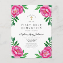 Floral Watercolor Pink Peonies Primeira Comunhão