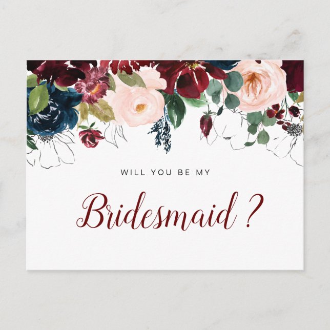 Cartão Postal De Convite Flores burgundy, você será meu cartão de Bridesmai (Frente)